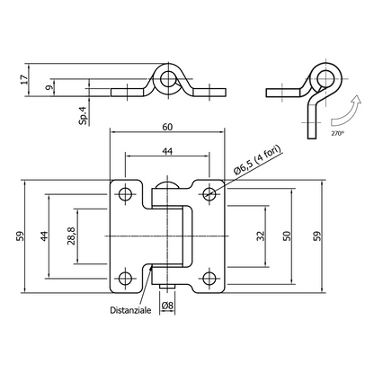 Cerniera esterna 270° con fori cilindrici acciaio