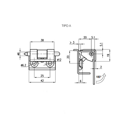 Cerniera esterna 180° angolare tipo A