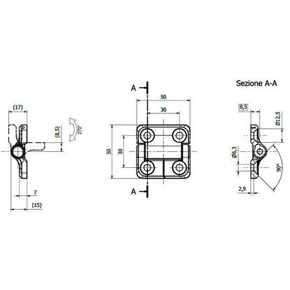 Cerniera frizionata 270° con fori svasati 50x50