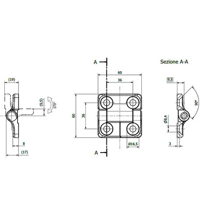 Cerniera frizionata 270° con fori svasati 60x60