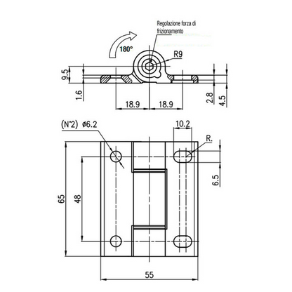 Cerniera frizionata 180° con fori alluminio