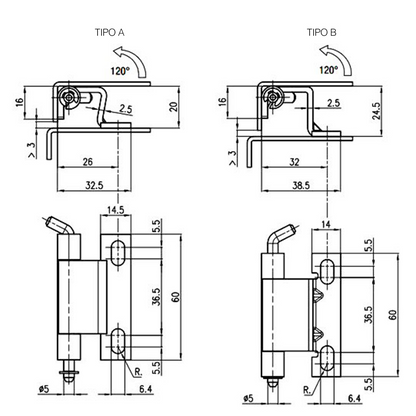 Cerniera interna 120° tipo inox