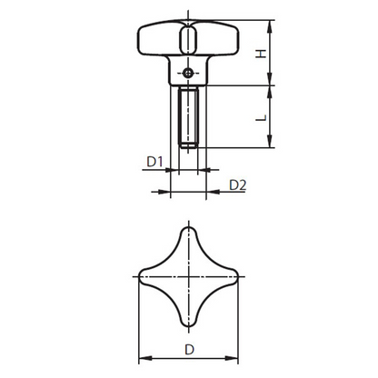 Cross-shaped knob aluminium - with threaded hole