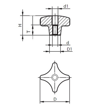 Cross-shaped knob aluminium with threaded through hole