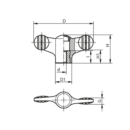 Poignée papillon plastique avec douille filetée borgne inox