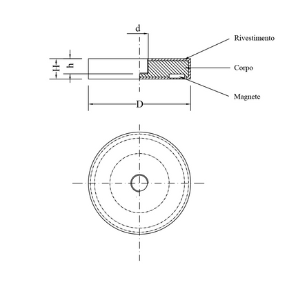 Magnete pot piatto femmina gommato