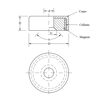 Magnete pot foro svasato passante ferrite