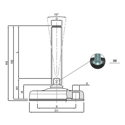 Piedino snodato base plastica con antiscivolo