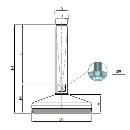 Piedino snodato base acciaio con antiscivolo 10°