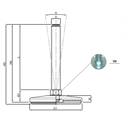 Piedino snodato base acciaio con antiscivolo 5°