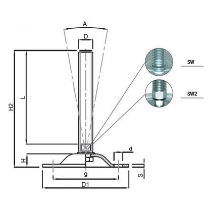 Piedino snodato acciaio base con 4 fori