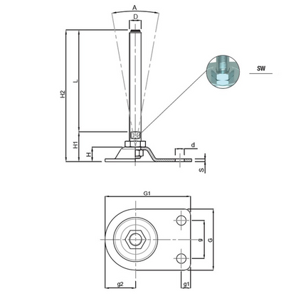 Piedino snodato acciaio base con 2 fori