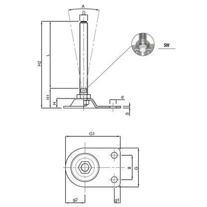 Piedino snodato inox base con 2 fori