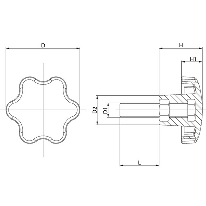 Knob with six lobes with threaded stud