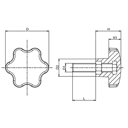 Knob with six lobes full body with threaded stud